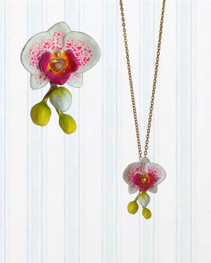 Exotic Orchid Flowers and Faceted Crystal Pendant Necklace
