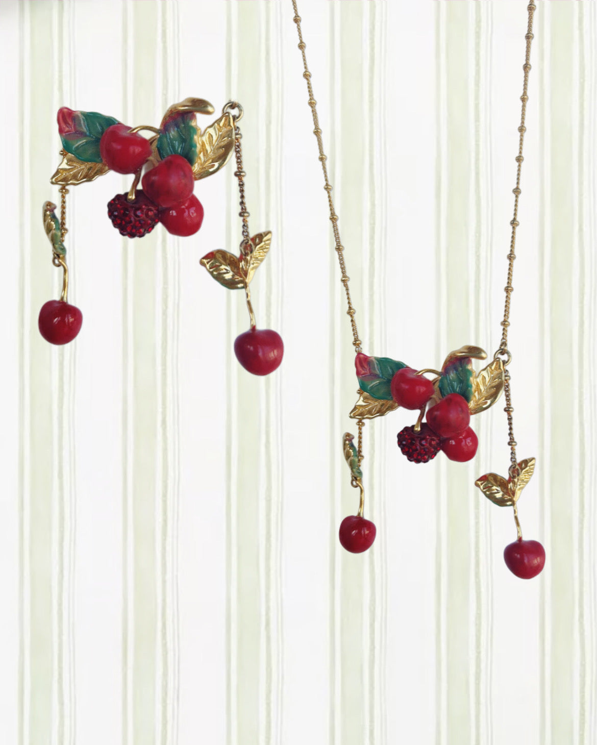 CHERRIES AND LEAVES STATEMENT NECKLACE