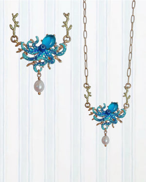 BLUE OCTOPUS, BLUE CUT CRYSTAL STONE AND MOTHER OF PEARL BEAD STATEMENT NECKLACE