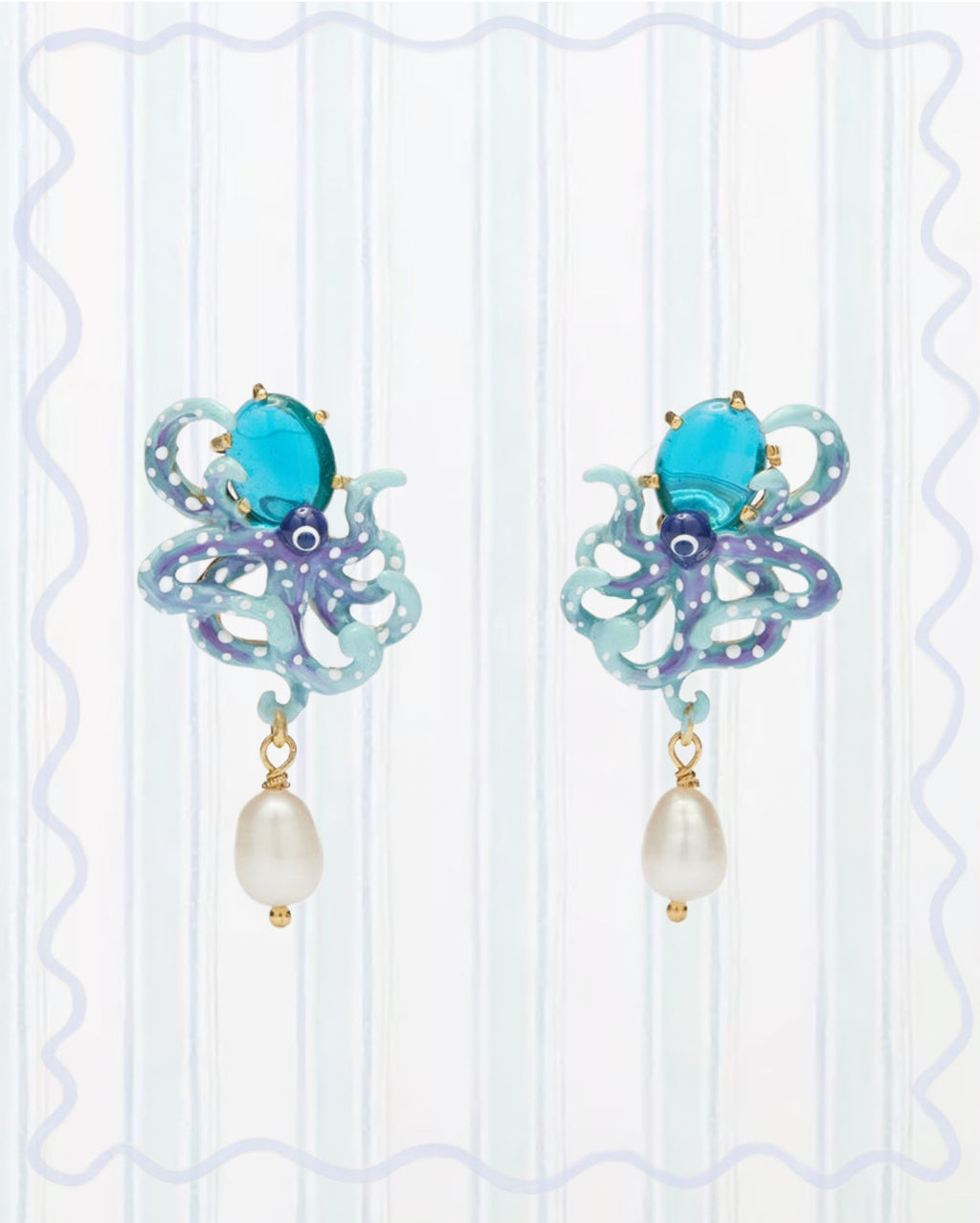 ENAMELED BLUE OCTOPUS, BLUE CUT GLASS STONE AND MOTHER OF PEARL BEAD EARRINGS