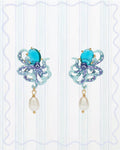 ENAMELED BLUE OCTOPUS, BLUE CUT GLASS STONE AND MOTHER OF PEARL BEAD EARRINGS