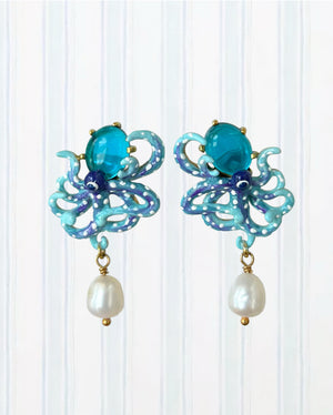 ENAMELED BLUE OCTOPUS, BLUE CUT GLASS STONE AND MOTHER OF PEARL BEAD EARRINGS