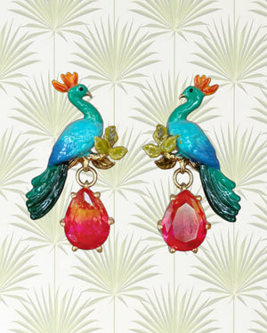 PEACOCK AND FACETED GLASS PEAR EARRINGS