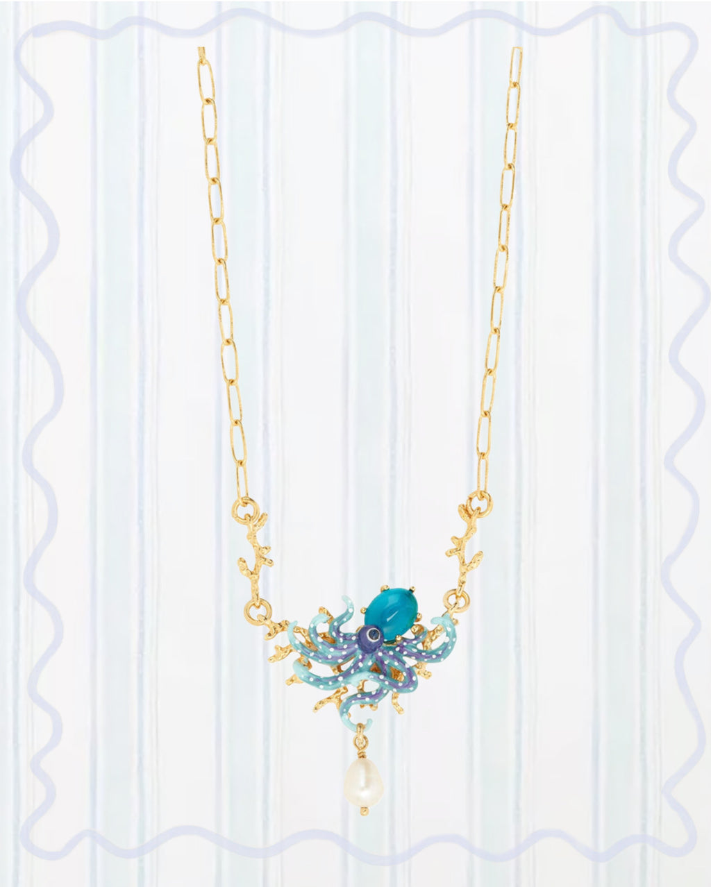 BLUE OCTOPUS, BLUE CUT CRYSTAL STONE AND MOTHER OF PEARL BEAD STATEMENT NECKLACE