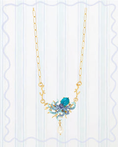 BLUE OCTOPUS, BLUE CUT CRYSTAL STONE AND MOTHER OF PEARL BEAD STATEMENT NECKLACE