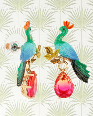 PEACOCK AND FACETED GLASS PEAR EARRINGS