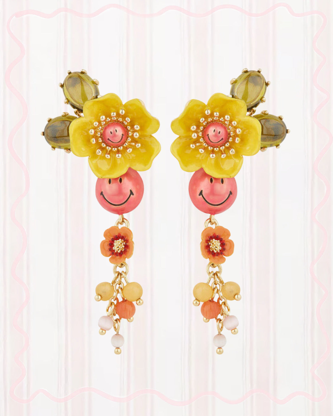 PINK SMILEY AND FLOWERS DANGLING EARRINGS