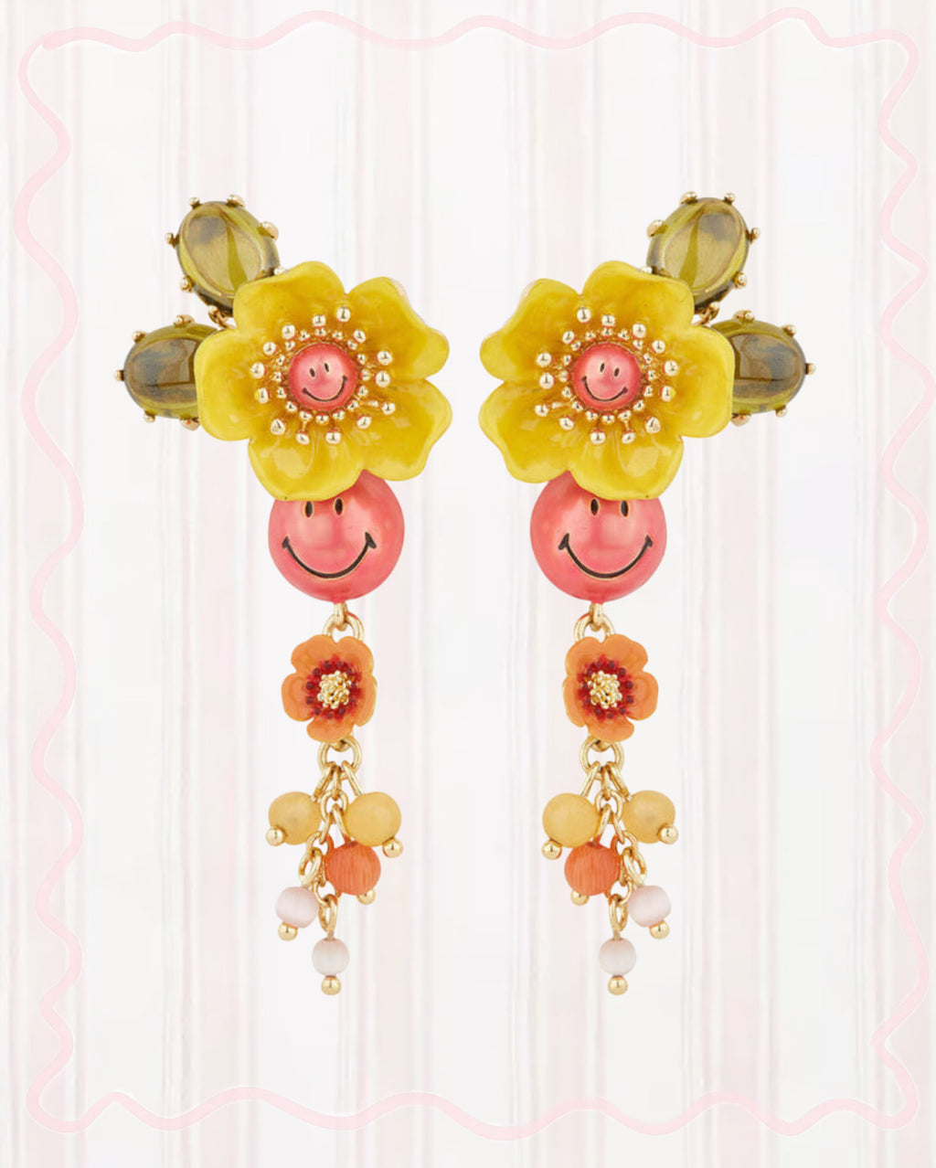 PINK SMILEY AND FLOWERS DANGLING EARRINGS