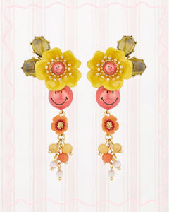 PINK SMILEY AND FLOWERS DANGLING EARRINGS