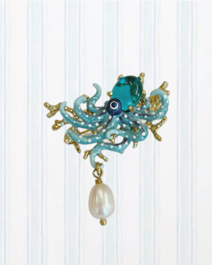 BLUE OCTOPUS, BLUE CUT GLASS STONE AND MOTHER OF PEARL BEAD STATEMENT BROOCH