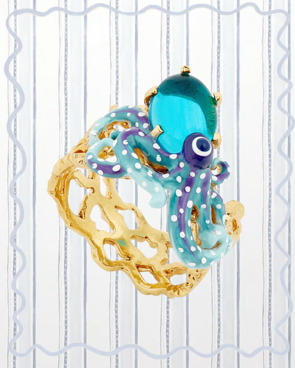 BLUE OCTOPUS AND BLUE CUT CRYSTAL COCKTAIL RING