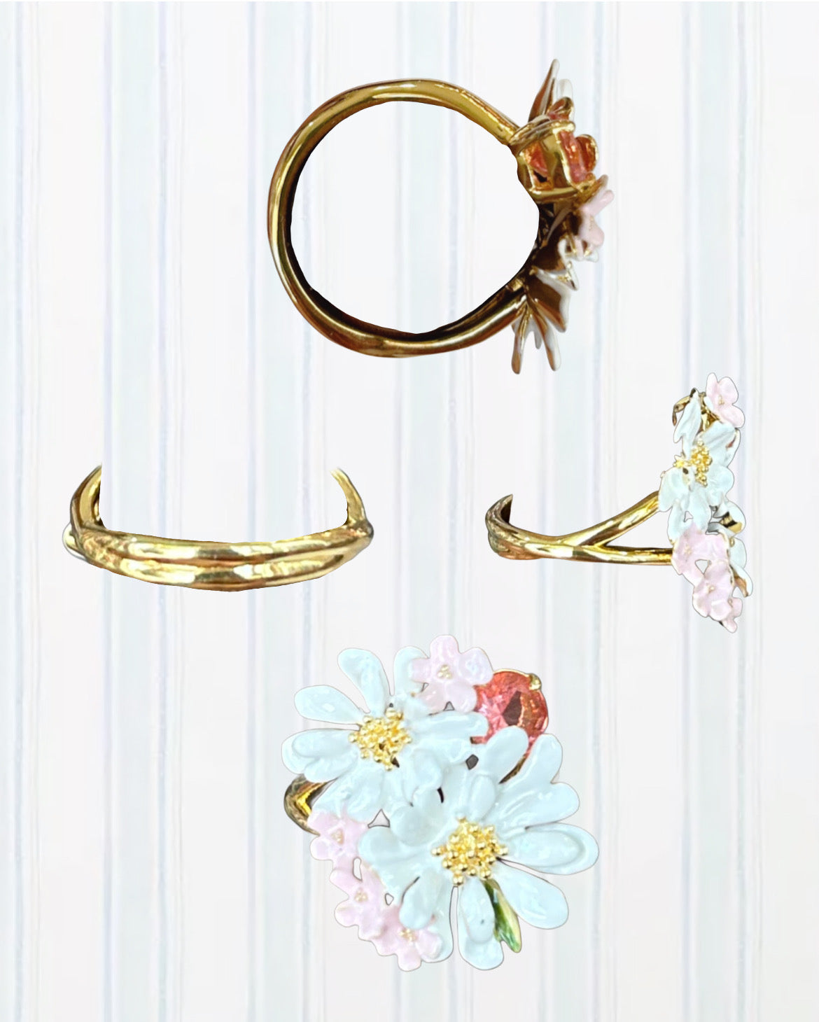 FLOWER BOUQUET AND ROUND STONE COCKTAIL RING