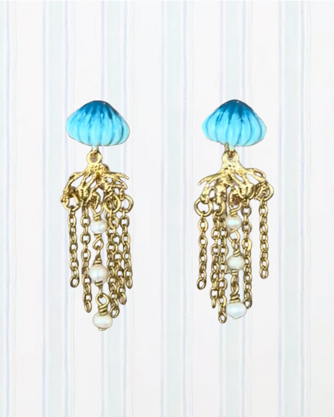BLUE AND GOLDEN JELLYFISH DANGLING EARRINGS
