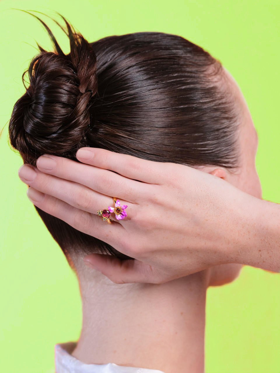 Purple Bauhinia Flower And Faceted Crystal You And Me Adjustable Ring