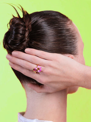 Purple Bauhinia Flower And Faceted Crystal You And Me Adjustable Ring