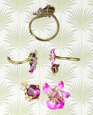 Purple Bauhinia Flower And Faceted Crystal You And Me Adjustable Ring