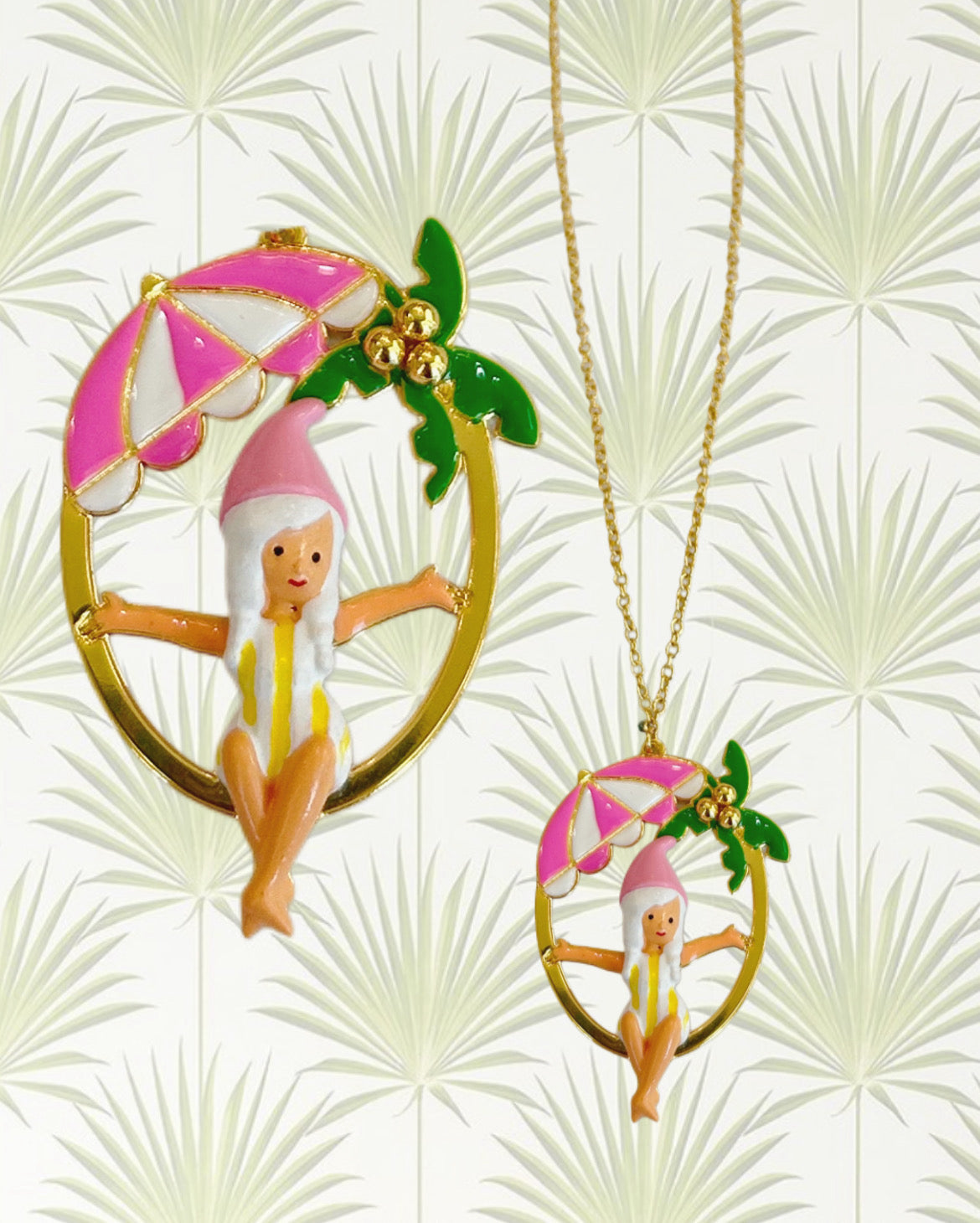 GNOME, BEACH UMBRELLA AND PALM TREE PENDANT NECKLACE