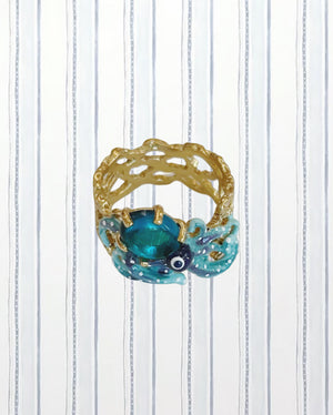 BLUE OCTOPUS AND BLUE CUT CRYSTAL COCKTAIL RING