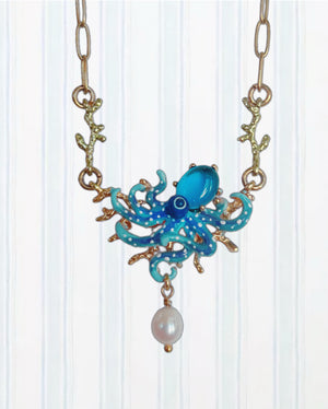 BLUE OCTOPUS, BLUE CUT CRYSTAL STONE AND MOTHER OF PEARL BEAD STATEMENT NECKLACE