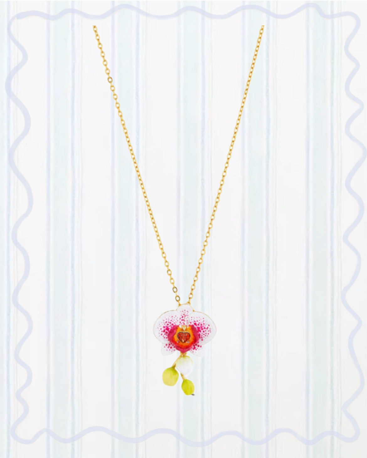 Exotic Orchid Flowers and Faceted Crystal Pendant Necklace