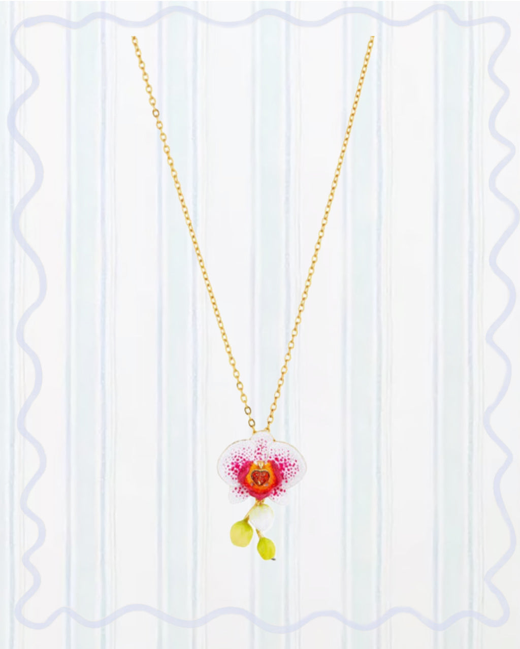 Exotic Orchid Flowers and Faceted Crystal Pendant Necklace