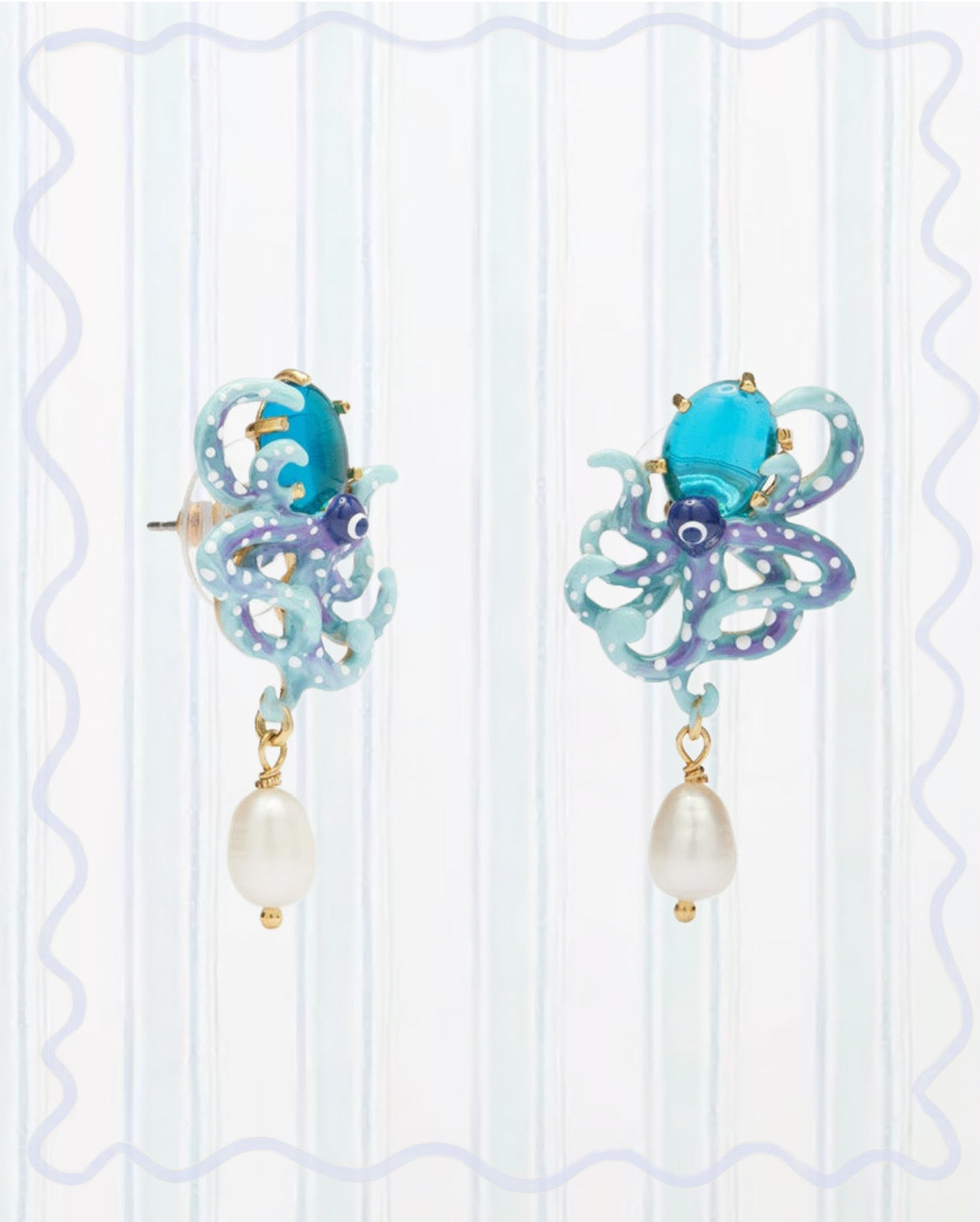ENAMELED BLUE OCTOPUS, BLUE CUT GLASS STONE AND MOTHER OF PEARL BEAD EARRINGS
