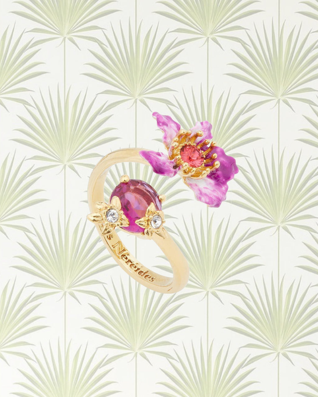 Purple Bauhinia Flower And Faceted Crystal You And Me Adjustable Ring