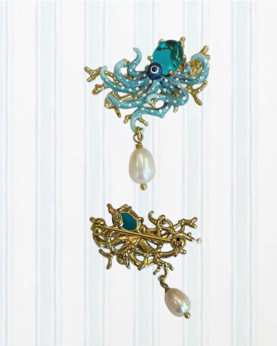BLUE OCTOPUS, BLUE CUT GLASS STONE AND MOTHER OF PEARL BEAD STATEMENT BROOCH