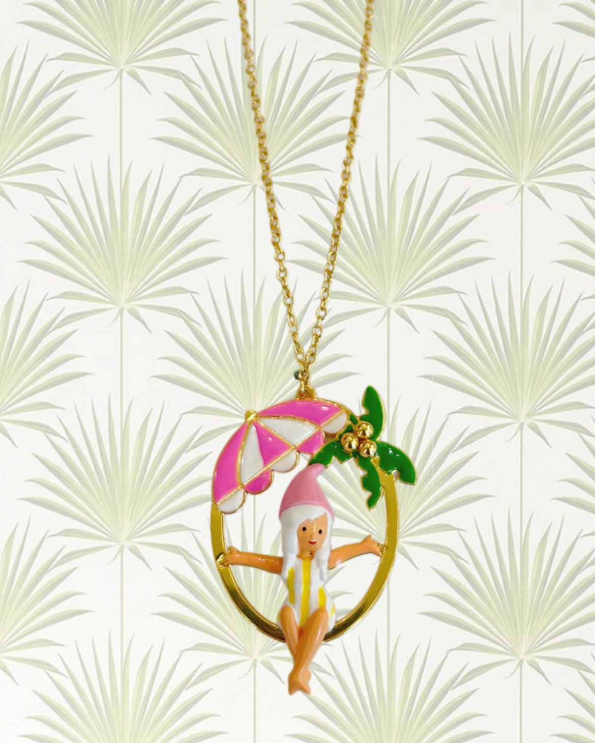 GNOME, BEACH UMBRELLA AND PALM TREE PENDANT NECKLACE