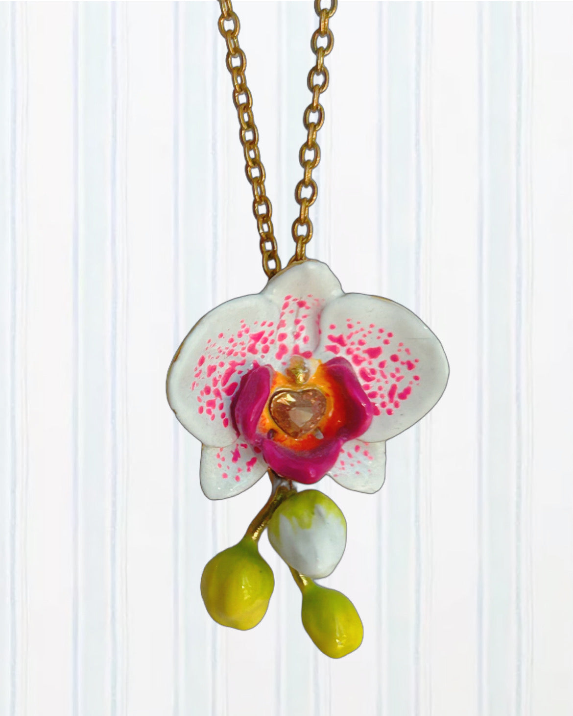 Exotic Orchid Flowers and Faceted Crystal Pendant Necklace