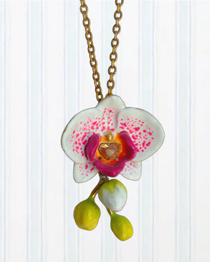 Exotic Orchid Flowers and Faceted Crystal Pendant Necklace