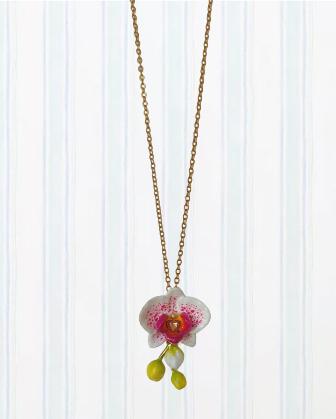 Exotic Orchid Flowers and Faceted Crystal Pendant Necklace