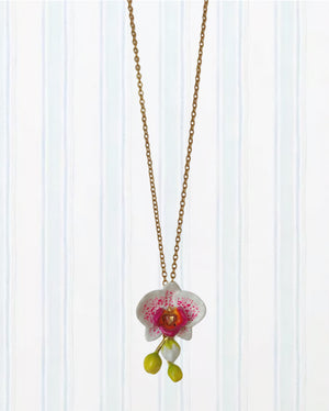 Exotic Orchid Flowers and Faceted Crystal Pendant Necklace