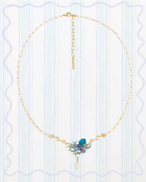 BLUE OCTOPUS, BLUE CUT CRYSTAL STONE AND MOTHER OF PEARL BEAD STATEMENT NECKLACE