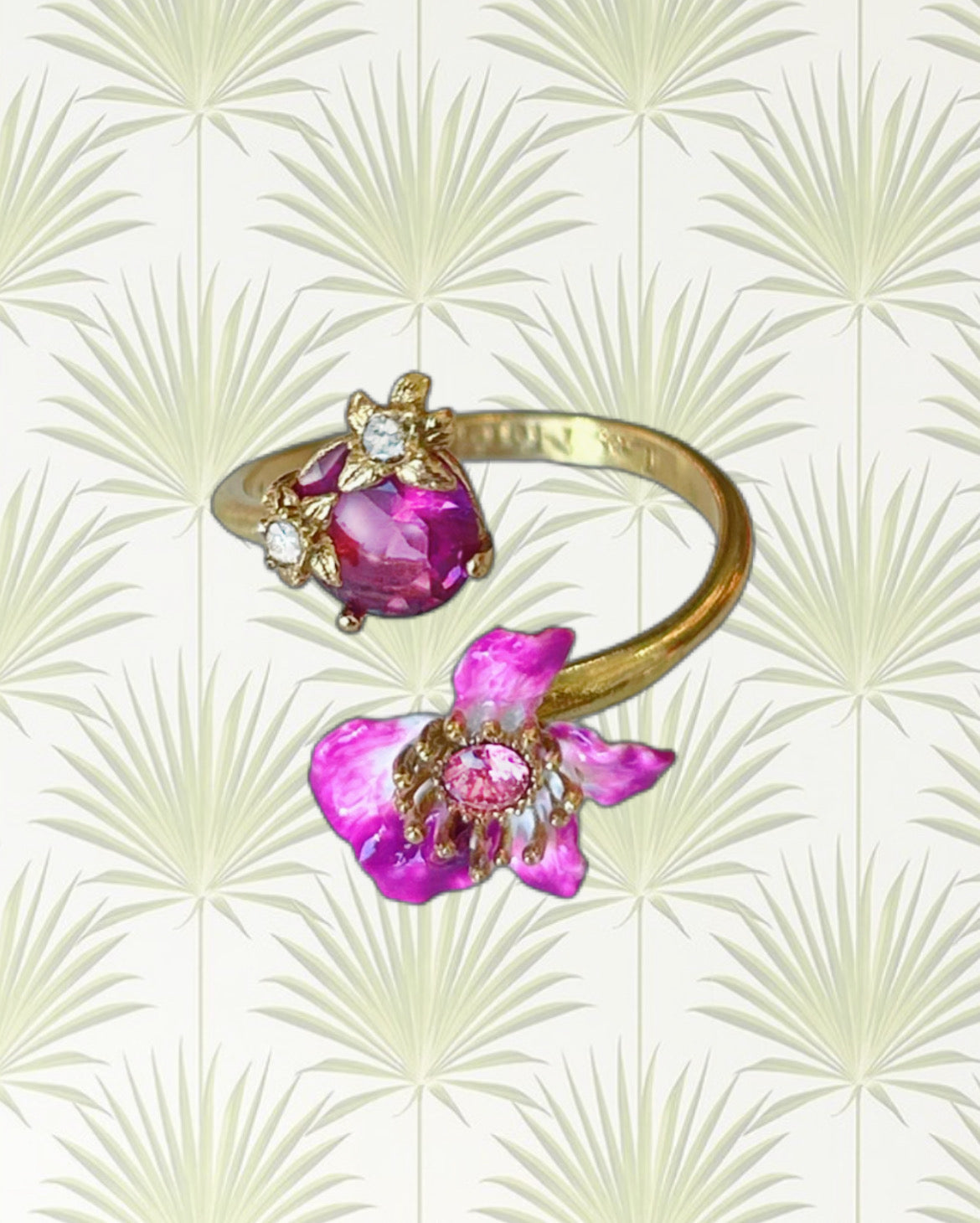 Purple Bauhinia Flower And Faceted Crystal You And Me Adjustable Ring