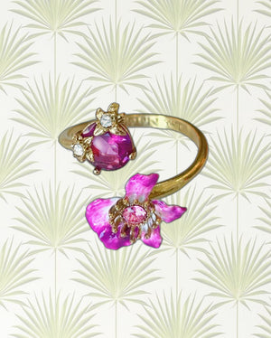 Purple Bauhinia Flower And Faceted Crystal You And Me Adjustable Ring