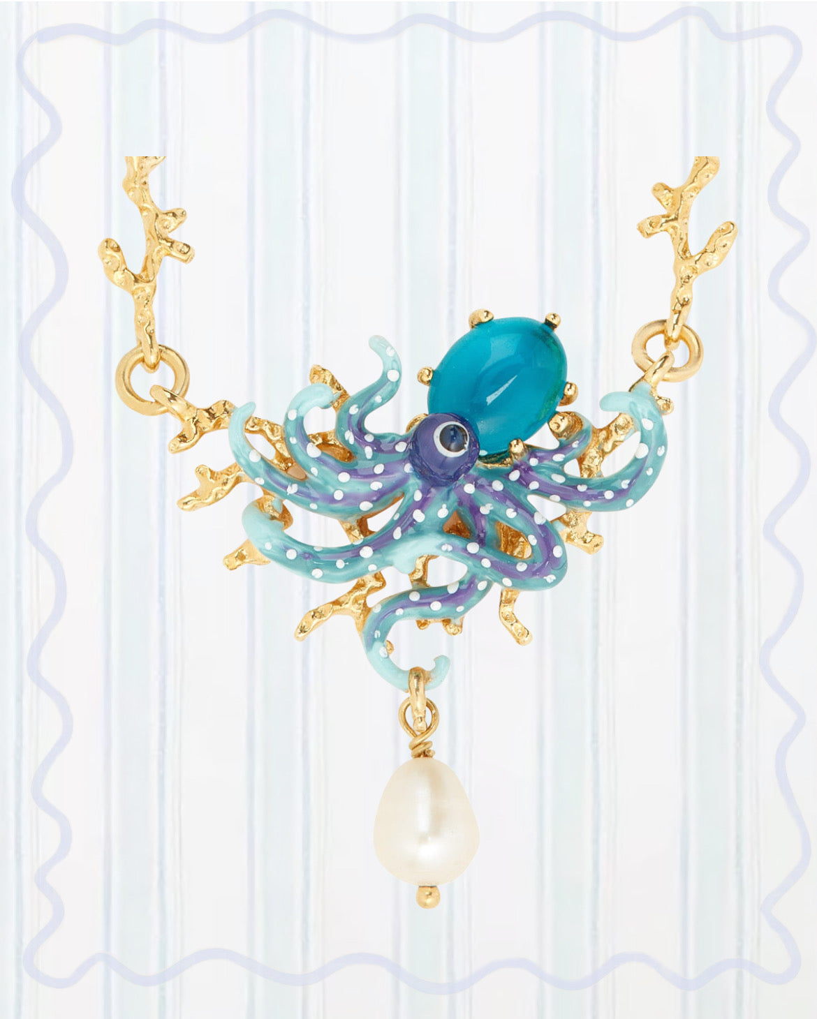 BLUE OCTOPUS, BLUE CUT CRYSTAL STONE AND MOTHER OF PEARL BEAD STATEMENT NECKLACE